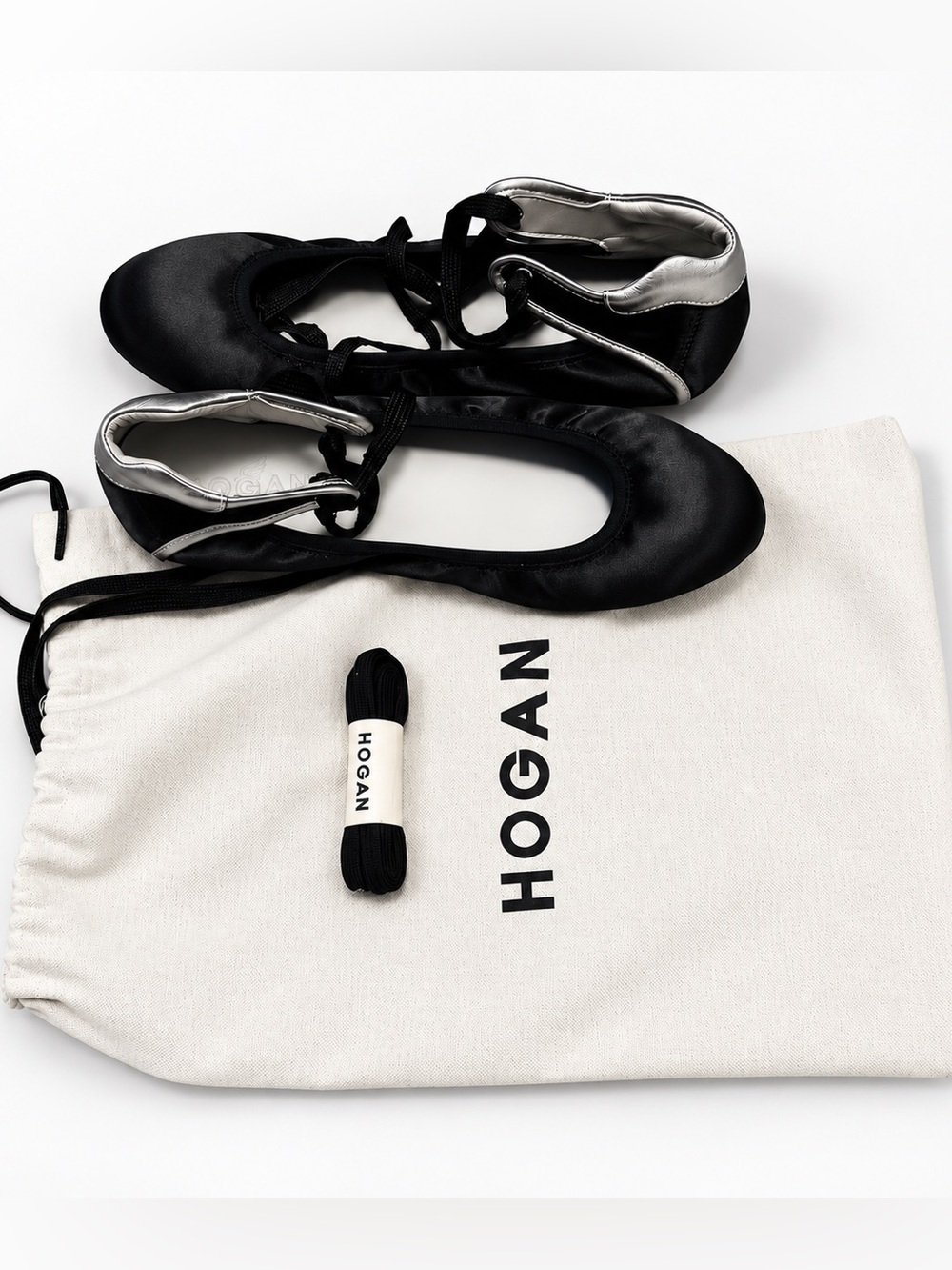 Hogan Black Satin Lace-Up Ballet Flats Shoes Size 37 Made in Italy NWOT